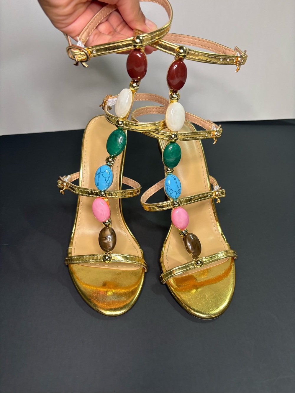 ✨ STUNNING Metallic Gold Gemstone Gladiator Stiletto Heels ✨